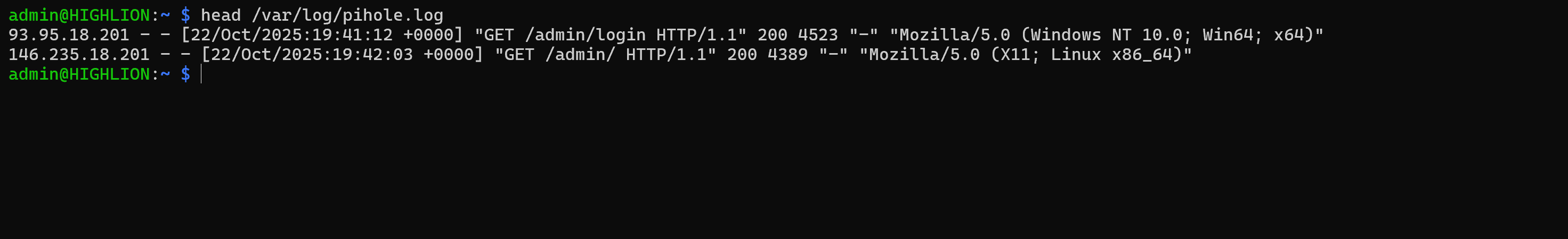 Web server logs showing requests to /admin and /admin/login